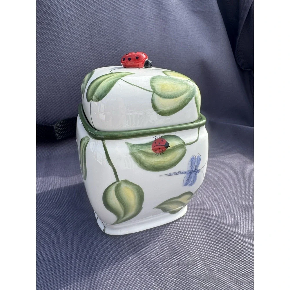 Harry & David Small Canister W Lid, Ceramic, Lady Bug, Bee, Dragonfly Sugar Tea